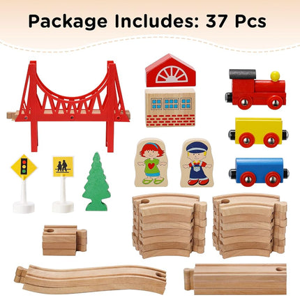 SainSmart Jr. Wooden Train Set 37pc, Compatible Brio Thomas, Kids 3+