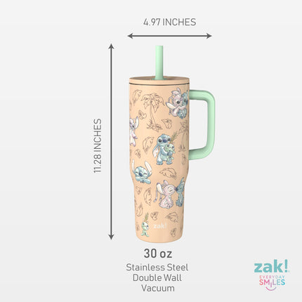Zak Designs Disney Sutton Vaso de viaje para llevar, acero inoxidable de 30 oz con aislamiento al vacío, pajita de silicona y asa de transporte para bebidas frías (Stitch, Angel)