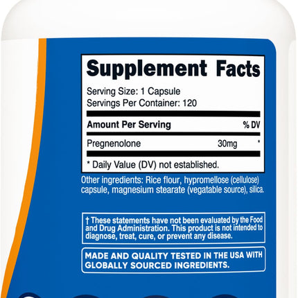 Nutricost Pregnenolona 30mg, 120 Cápsulas - Sin OMG, Sin Gluten, Cápsulas Vegetarianas