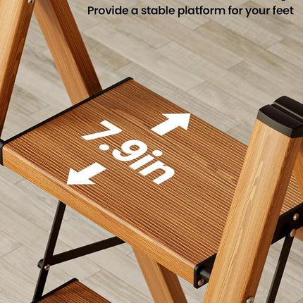 SOLADDER 3 Step Ladder, Folding Step Stool with Anti-Slip Wide Sturdy Pedal, Multi-Use for Home and Kitchen Use, Space Saving-Woodgrain(300 lbs Capacity)