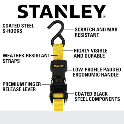 STANLEY S10004-12 Black/Yellow 1" X 12' Ratchet Straps - 500 LBS Safe Working Load / 1,500 LBS Break Strength, 4 Pack