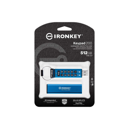Kingston IronKey Keypad 200 Unidad flash USB cifrada por hardware Tipo A FIPS 140-3 Nivel 3 (Pendiente) con cifrado por hardware XTS-AES de 256 bits - IKKP200/512GB