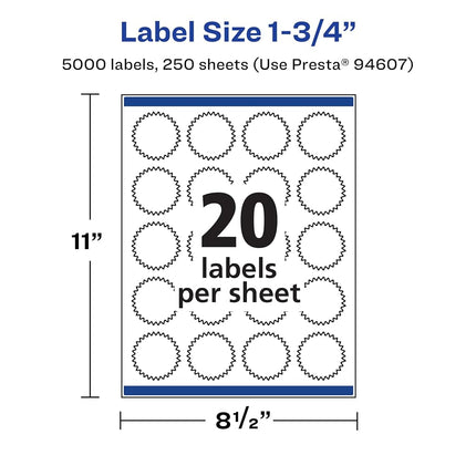 Avery Matte White Starburst Labels with Sure Feed, 1.75", 5,000 Matte White Printable Labels
