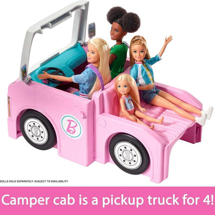 Barbie 3-in-1 DreamCamper Vehicle, Approx. 3-ft, Transforming Camper with Pool, Truck, Boat and 60 Accessories, Makes a Great 3 to 7 Year Olds