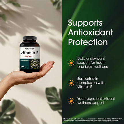 NatureBell Vitamin E Oil Softgels, 1,000 IU Per Serving, 300 Pills | Essential Antioxidant Supplements, Easily Absorbed Form – Supports Skin, Heart, & Immune Health – Non-GMO