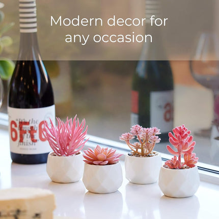 Nordik Miniature Artificial Succulent Set of Four Geometric Round White Pots - Office Decor for Women Desk, Indoor, Living Room, Home and Desk Decor – Pink Faux Succulents