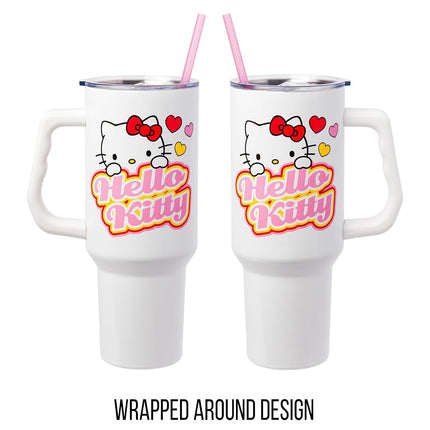 Silver Buffalo Sanrio Hello Kitty Name and Hearts Stainless Steel Tumbler with Handle and Straw, Fits in Standard Cup Holder, 40 Ounces