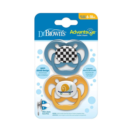 Chupete para bebé Advantage de Dr. Brown's, con tetina de silicona suave totalmente simétrica, Skateboard Snail, de 6 a 18 meses, sin BPA, paquete de 2