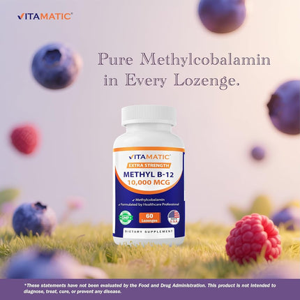 Vitamatic Methyl B12 (Methylcobalamin) 10,000 mcg 60 Lozenges - Superior Source of Vitamin B12