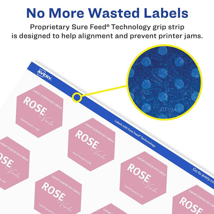 Avery Durable Waterproof Hexagon Labels with Sure Feed, 1-1/2" x 1-47/54", 500 Oil and Tear-Resistant Waterproof Labels, Print-to-The-Edge, Laser/Pigment-Based Inkjet Printable Labels