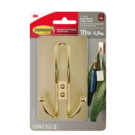 Command X-Large Satin Brass Triple Hook 17038BR-ES, 1 Hook, 3 Strips