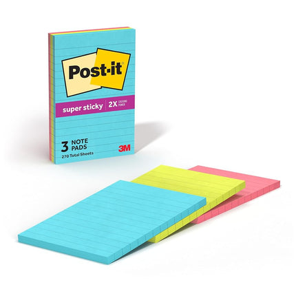 Post-it Super Sticky Notes, 4x6 in, 3 Pads, 2X The Sticking Power, Supernova Neons, Bright Colors, Recyclable (660-3SSMIA)