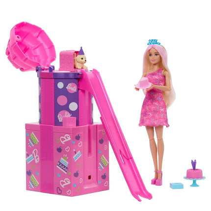 Barbie Rise & Surprise Doll & Accessories, Pet Birthday Series with 12 Surprises Including Slide & Color-Change Activity (Styles May Vary), JKF66