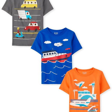 The Children's Place T-shirts graphiques à manches courtes avec véhicules pour bébés et tout-petits garçons, paquet multiple, véhicules de rue/avion/bateau, 5T