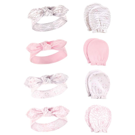 Hudson Baby Baby Girls' Cotton Headband and Scratch Mitten Set, Gray Feather, 0-6 Month