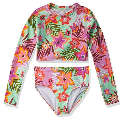 Kanu Surf Girls' Long Sleeve Rashguard UPF 50+ Two Piece Swim Set, Coral Reef Crop Pink, 14-16