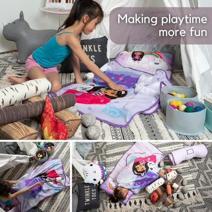 Franco DreamWorks Gabby's Dollhouse Soft Toddler Nap Mat with Pillow and Blanket Perfect for Preschool/Daycare/Travel/Sleeping Bag, 21" x 45" (Official Gabby's Dollhouse Product) by