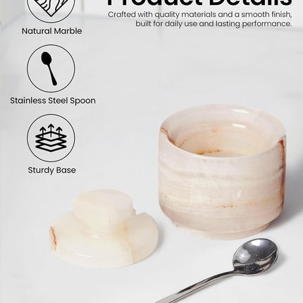 White Onyx Marble Salt Cellar Set of 2 with Lid & Spoon, 3 Inch Handmade Natural Stone Spice & Sugar Containers for Kitchen Countertop Storage, Elegant Seasoning Jars, Luxury Kitchen Accessory
