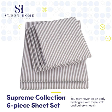 Sweet Home Collection 6 Piece Bed Sheets 1500 Thread Count Fine Microfiber Deep Pocket Set-Extra Pillow Cases, Value, Full, Classic Stripe Gray