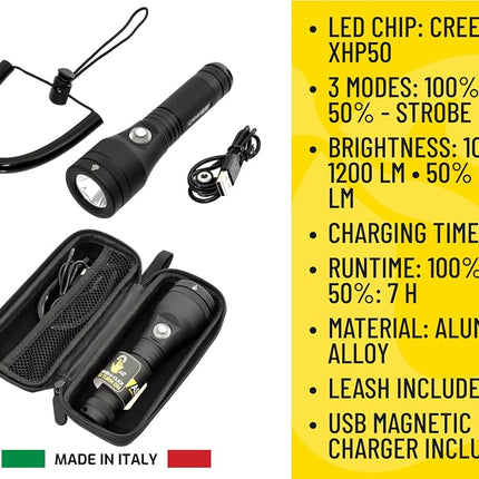 Cressi Astra 1200 Torch Black - High Luminosity Rechargeable LED Underwater Torch 1200 Lumen Waterproof IPX8 100m, Unisex Black and Compact for Diving, Fishing, Aquatic Explorations