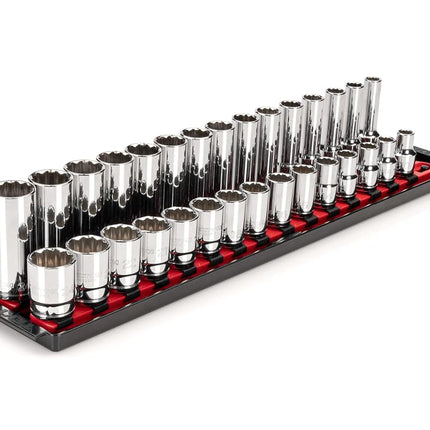 TEKTON 1/2 Inch Drive 12-Point Socket Set with Rails and Tray, 30-Piece (10-24 mm) | SHD92212