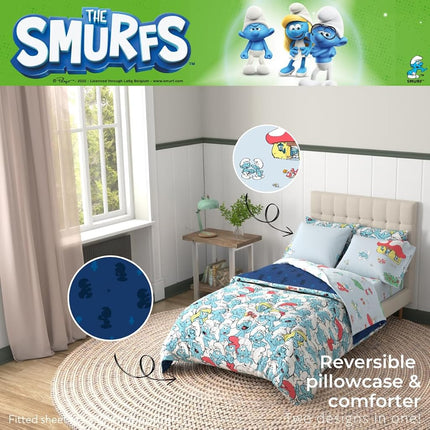 Franco The Smurfs Kids Bedding Super Soft & Cozy Reverisble Microfiber Comforter and Sheet Set with Sham, 5 Piece Twin Size, (Officially Licensed Product)