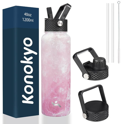 Konokyo Insulated Water Bottle with Straw,40oz 3 Lids Metal Bottles Stainless Steel Water Flask,Marble Blossom