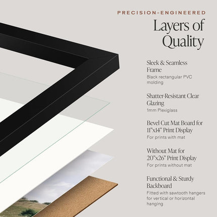 Americanflat 20x26 Picture Frame with Polished Plexiglass - Use as 11x14 Frame with Mat or 20x26 Frame Without Mat - Streamline Collection - Thin Picture Frame for Wall Display - Black