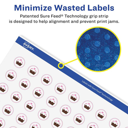 Avery Matte White Removable Round Labels with Sure Feed Technology, Print-to-The-Edge, 1.25" Diameter, 450 Removable Labels, Laser/Inkjet Printable Labels