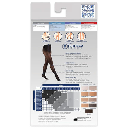 Truform Sheer Compression Pantyhose, 15-20 mmHg, Women's Shaping Tights, 20 Denier, Light Beige, Queen