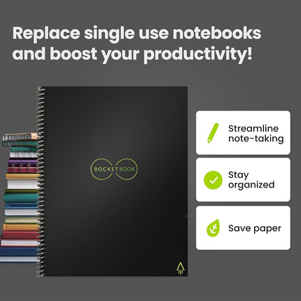 Rocketbook Smart Reusable - Dot-Grid Eco-Friendly Notebook with 1 Pilot Frixion Pen & 1 Microfiber Cloth Included - Infinity Black Cover, Letter Size (8.5" x 11") (EVR-L-K-A)