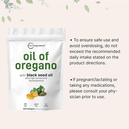 Micro Ingredients Aceite de Orégano en Cápsulas Blandas 6000mg por Porción, 300 Unidades | 2 en 1 Formulado con Aceite de Semilla Negra 200mg, Carvacrol y Timokinona 4 Veces Más Potentes | de Origen Vegetal, Sin OGM y Apoyo Inmunológico