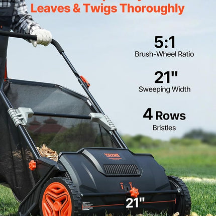 VEVOR Push Lawn Sweeper, 21inch Leaf & Grass Collector, Strong Plastic Wheels & Heavy Duty Thickened Steel Durable to Use with Large Capacity 3.5 cu. ft. Mesh Collection Hopper Bag, 2 Spinning Brushes