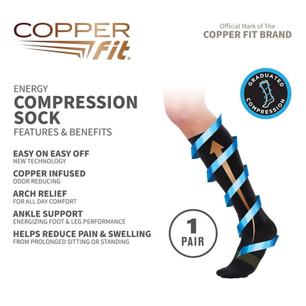 Copper Fit 2.0 Easy-On Easy-Off Knee High Compression Socks, 1 Pack, Black, Large-X-Large