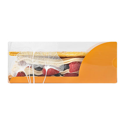 Restaurantware-7 Inch x 2.5 Inch Clear Dessert Boxes, 100 Orange Paper Sleeve Transparent Candy Boxes - Leaf Accent, No Grease Lining, Clear Plastic Clear Favor Boxes, Crack Resistant, Disposable