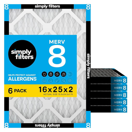 Simply Filters 16x25x2 MERV 8, MPR 600, Air Filter (6 Pack) - Actual Size: 15.5"x24.5"x1.75" HVAC, AC Furnace Air Filter