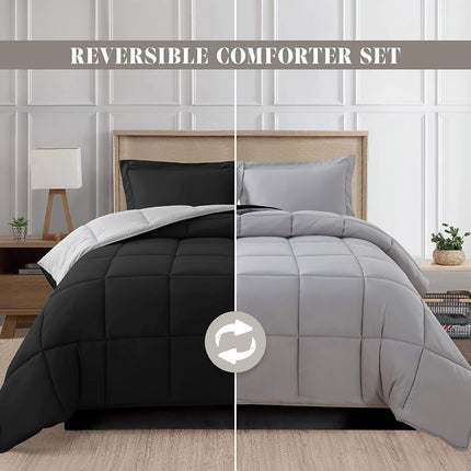 Elegant Comfort 3-Piece Reversible Comforter Set, All Season Cozy, Soft Down Alternative, Quilted - Box Stitched - Duvet Insert with 4 Corner Tabs, Comforter with Shams, Queen, Black/Silver