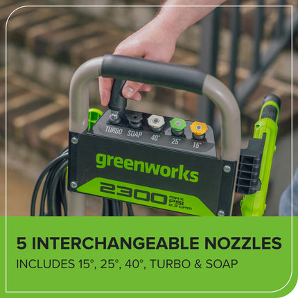 Hidrolavadora eléctrica Greenworks Pro sin escobillas 2300 PSI (certificación SGS) 2.3 GPM máx. / 1.2 GPM (mango plegable, marco de acero resistente, manguera de 25 pies, cable de alimentación GFCI de 35 pies)