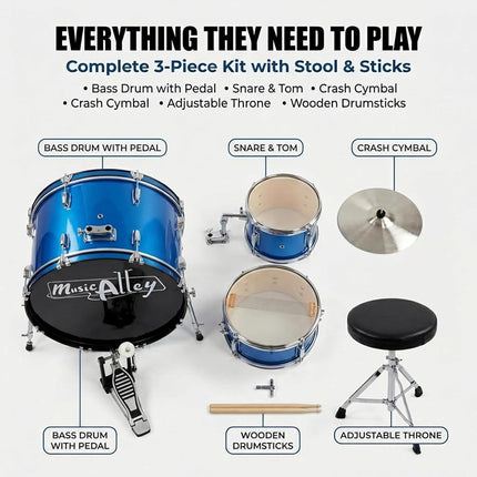 Music Alley 3 Piece Kids Drum Set with Throne, Blue