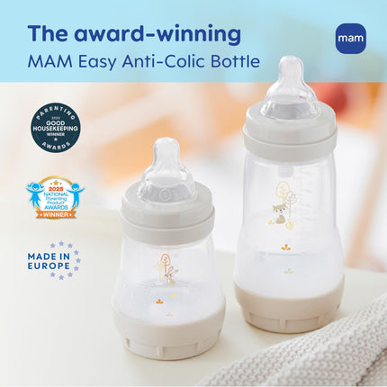 MAM 5oz Easy Start Anti-Colic Wide Neck Vented Baby Bottle, Slow Flow Breastfeeding-Like Nipple,Reduces Colic Gas & Reflux, Easy Clean, BPA Free,0+ Months, Made in Europe,Bonus Medium Flow Nipple
