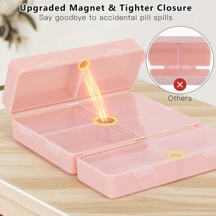 FYY Daily Pill Organizer,2PCS 7 Compartments Portable Pill Case Travel Pill Organizer,[Folding Design] Pill Box Purse Pocket to Hold Vitamins,Cod Liver Oil,Supplements Medication-Pink+Navy Clear/Navy
