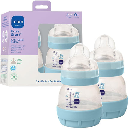 Biberon anti-colique Easy Start MAM 130 ml, col large, aéré, tétine en silicone débit extra lent, semblable au sein maternel, réduit les coliques, les gaz et les régurgitations, facile à nettoyer, sans BPA, 0 mois et plus, fabriqué en Europe
