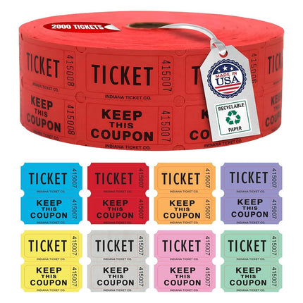 Indiana Ticket CO. 2,000 boletos rojos de rifa en rollo doble, boletos de rifa 50/50 de primera calidad, boletos para eventos, carnavales, premios de puerta, bebidas y más