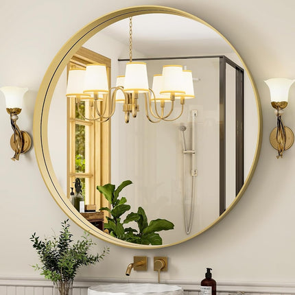 24 Inch Round Bathroom Mirror - Wall Mounted Circle Mirror with Metal Frame, Modern Mirror Suitable for Bathroom, Vanity, Entryway, Living Room, Wall Decor,Gold