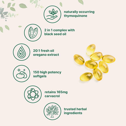 Micro Ingredients Oil of Oregano Softgels | 2 in 1 Formulated with Black Seed Oil 200mg, 4X Strength Carvacrol & Thymoquinone | Plant Based, Non-GMO & Immune Support