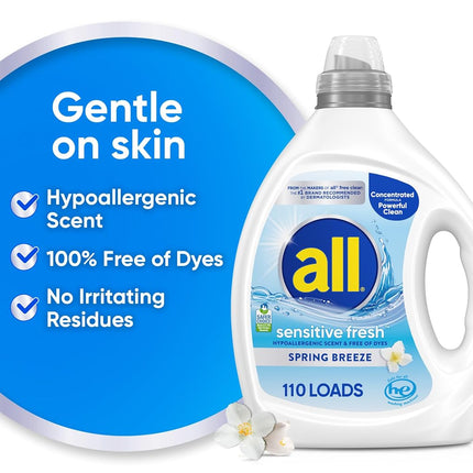 all Sensitive Fresh Liquid Laundry Detergent, Hypoallergenic Spring Breeze Scent & Free of Dyes, Gentle for Sensitive Skin, 82.5 oz, 110 Loads, HE Compatible