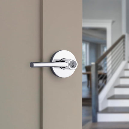 Kwikset Lisbon Round Entry Door Knob with Lock and Key, Secure Keyed Handle Exterior, Front Entrance and Bedroom, Polished Chrome, Pick Resistant SmartKey Rekey Security