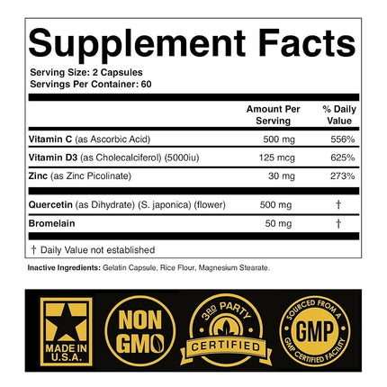 Zinc Quercetin 500mg with Vitamin C Vitamin D3 Bromelain Immune Support High Potency Anti Inflammatory Quercetin Zinc Supplement Immunity Booster ZQV Immune Complex (120-Ct)