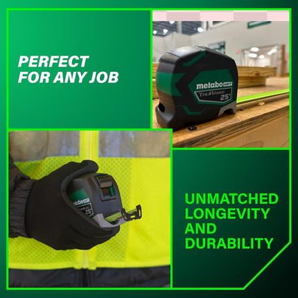 Metabo HPT Measuring Tape, 25' TruRange, Long Reach 17-ft, High Visibility Green Blade, 1/8" Incremental Fractions, Durable Extruded Nylon Coated Steel, Lightweight Design, 115925M