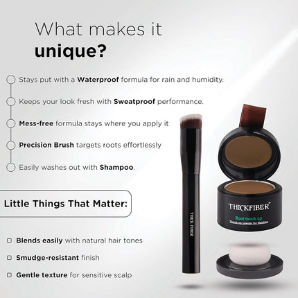 THICK FIBER Root Touch Up & Hairline Powder with Brush (Light Brown) – Covers Grey Roots & Thin Hair – Water & Sweat Resistant – Hair Loss Concealer for Women, Bald Spots, Root Coverage & Part Lines